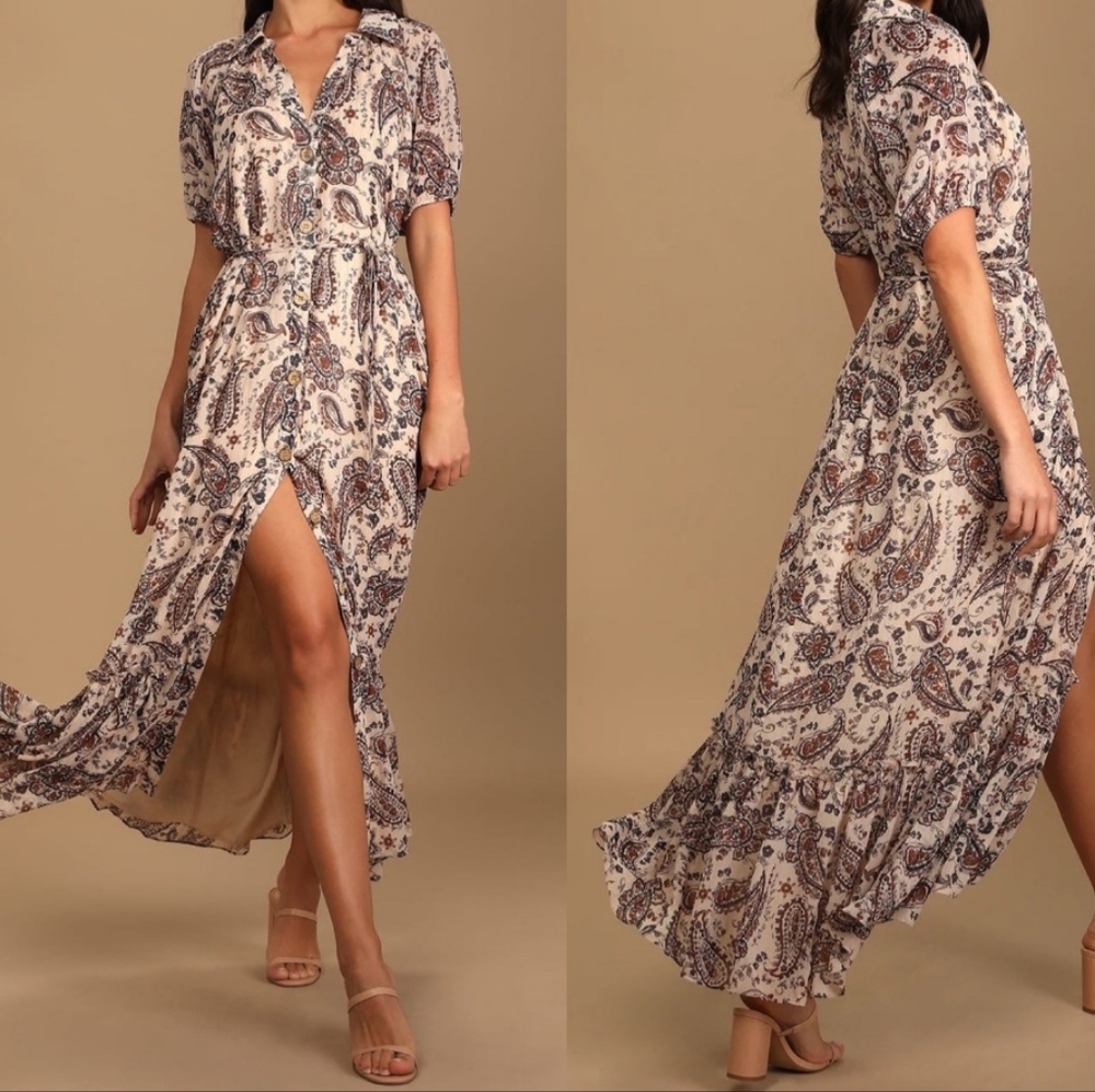 Lulus Cream Paisley Print Button-Up Maxi Dress Relaxed Loose Fit